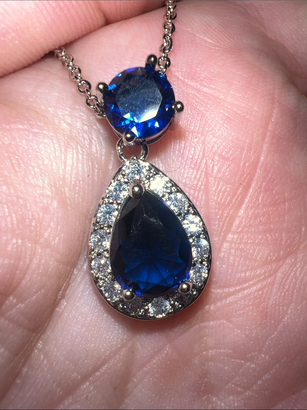 Classic Silver Necklace with Blue Teardrop Pendant